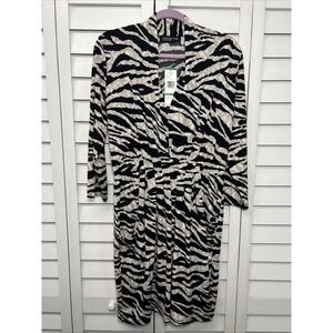 Jones New York Zebra Print 3/4 Sleeve Pleated Stretch Dress Size Large NWT